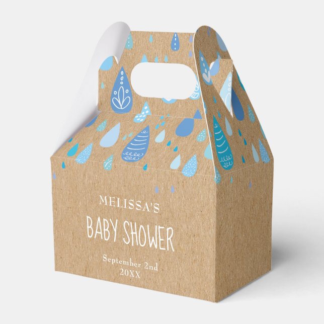 Rustic Kraft Blue Raindrops Baby Shower Favor Boxes (Front Side)