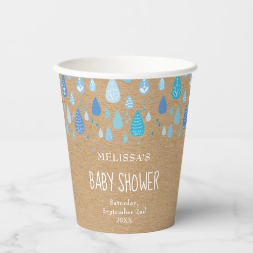 Rustic Kraft Blue Raindrops Baby Shower Paper Cups