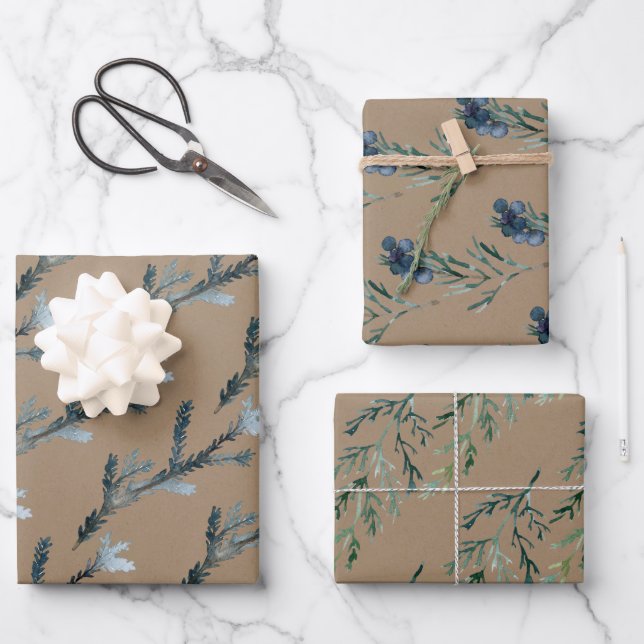 Rustic Kraft Blue Spruce Juniper Branches Berries  Wrapping Paper Sheets (Front)