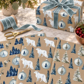 Rustic Kraft Blue Spruce Tree Arctic Fox Reindeer Wrapping Paper Sheets