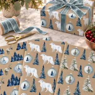 Rustic Kraft Blue Spruce Tree Arctic Fox Reindeer Wrapping Paper Sheets