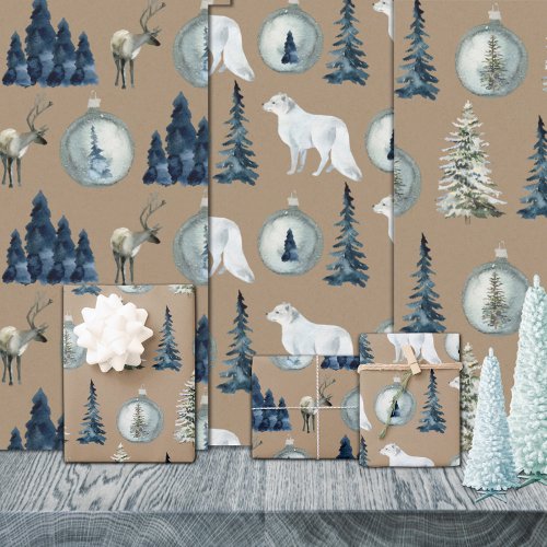Rustic Kraft Blue Spruce Tree Arctic Fox Reindeer Wrapping Paper Sheets