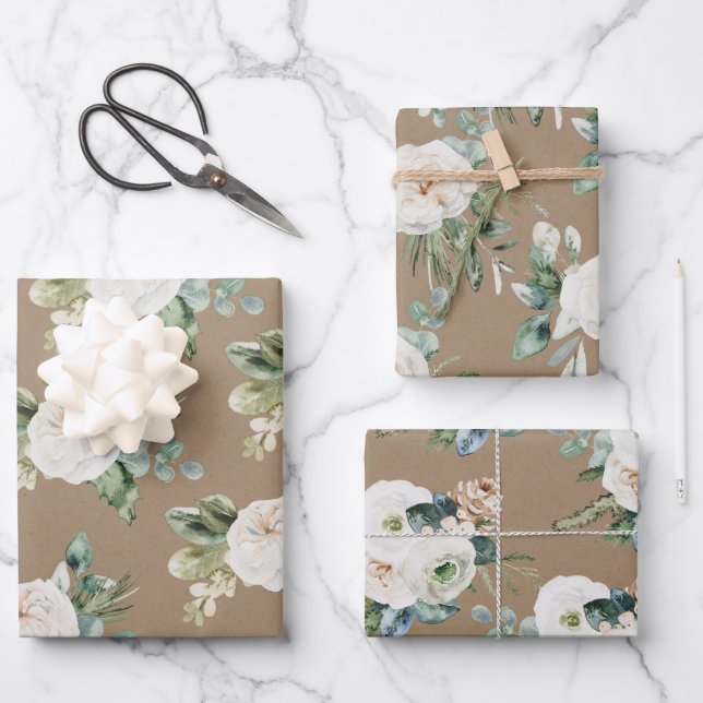 Rustic Kraft Blue Spruce White Floral Greenery Wrapping Paper Sheets (Front)
