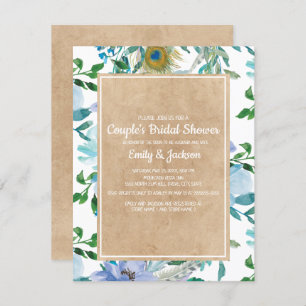 Rustic Kraft Blue White Floral Couple's Bridal Invitation