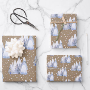 Rustic Kraft Blue White Snowy Ski Chalet Mountains Wrapping Paper Sheets