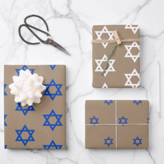 Rustic Kraft Blue & White Star Of David Wrapping Paper Sheets