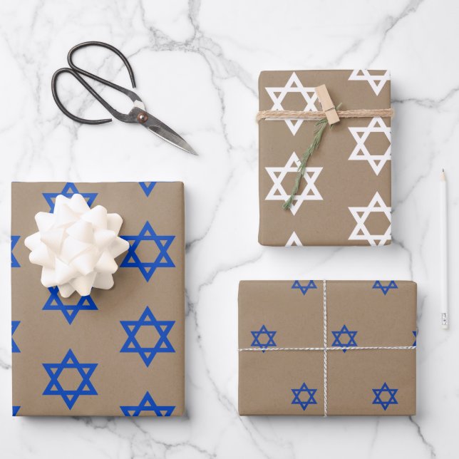 Rustic Kraft Blue & White Star Of David Wrapping Paper Sheets (Front)