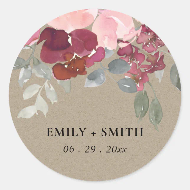 RUSTIC KRAFT BLUSH BURGUNDY ROSE FLORAL WEDDING CLASSIC ROUND STICKER ...