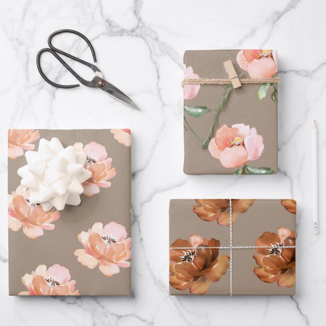 Rustic Kraft Blush Peach And Cognac Flowers Wrapping Paper Sheets (Front)