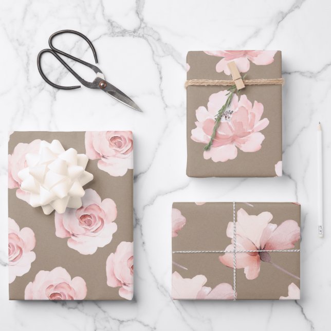 Rustic Kraft Blush Peach Peony Flowers Floral Wrapping Paper Sheets (Front)