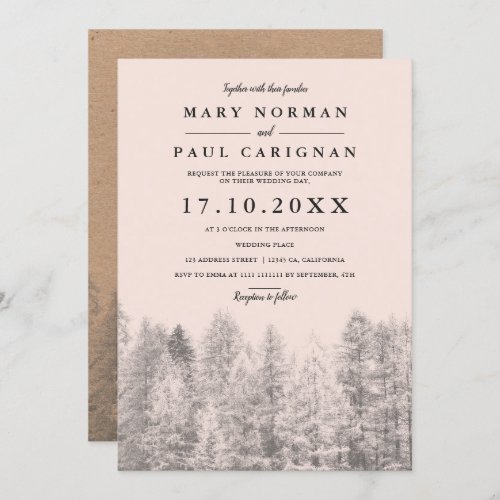 Rustic kraft blush pine trees forest wedding invitation