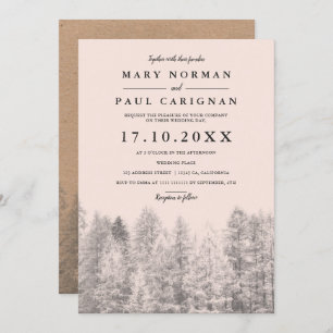 Rustic kraft blush pine trees forest wedding invitation