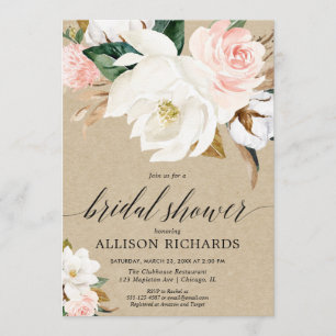 Rustic kraft blush pink magnolia bridal shower invitation