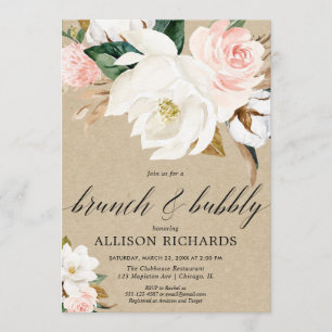 Rustic kraft blush pink magnolia brunch bubbly invitation