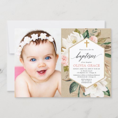 Rustic kraft blush pink white floral baptism photo invitation