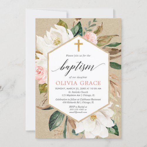 Rustic kraft blush pink white floral girl baptism invitation