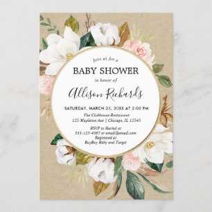 Rustic kraft blush pink white magnolia floral girl invitation