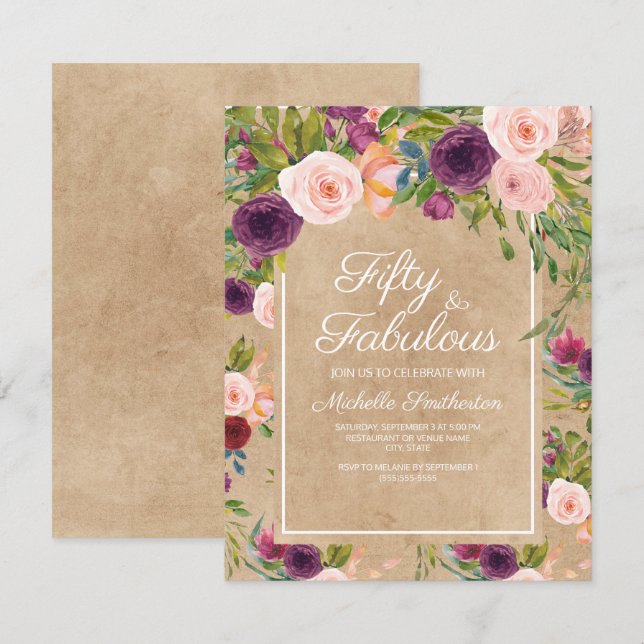 Rustic Kraft Boho Plum Blush Floral 50th Birthday Invitation (Front/Back)