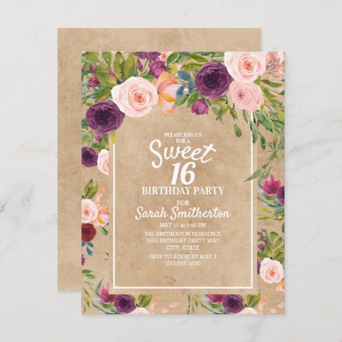 Rustic Kraft Boho Plum Blush Floral Sweet 16 Invitation