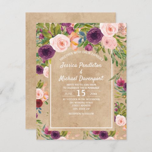 Rustic Kraft Boho Plum Blush Floral Wedding Invite