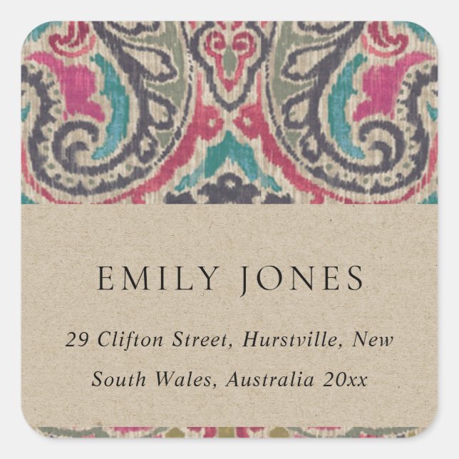 RUSTIC KRAFT BOHO TRIBAL IKAT PINK TEAL ADDRESS SQUARE STICKER (Front)
