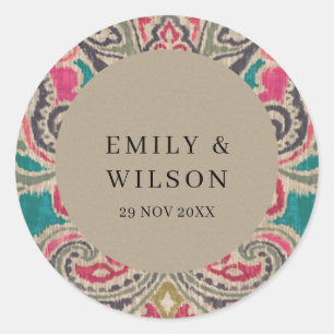 RUSTIC KRAFT BOHO TRIBAL IKAT PINK TEAL WEDDING CLASSIC ROUND STICKER
