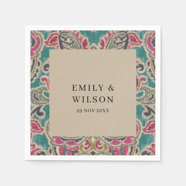 RUSTIC KRAFT BOHO TRIBAL IKAT PINK TEAL WEDDING  N NAPKINS (Front)