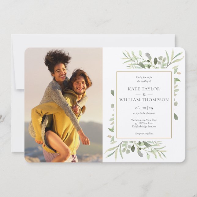 Rustic Kraft Botanical Greenery Photos Wedding Invitation (Front)