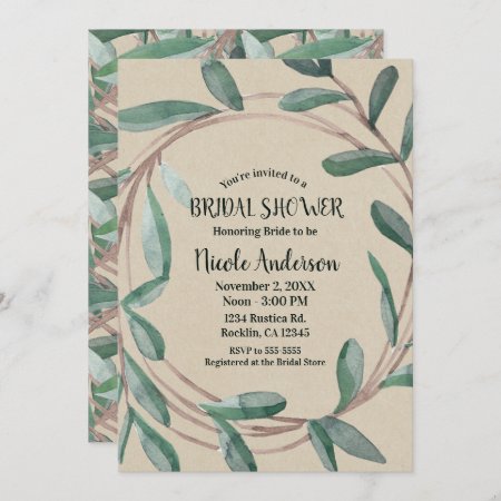 Rustic Kraft Botanical Wreath Leaf Bridal Shower Invitation