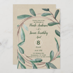 Rustic Kraft Botanical Wreath Leaf Wedding Invitation