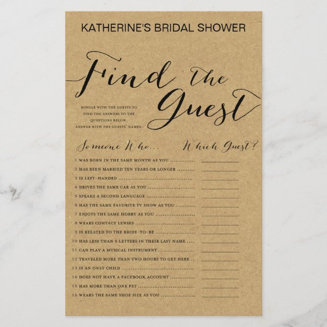 Rustic Kraft Bridal Shower Game PRINTED (Front)