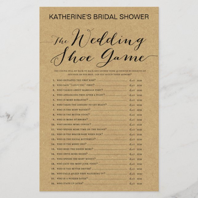 Rustic Kraft Bridal Shower Game PRINTED (Front)
