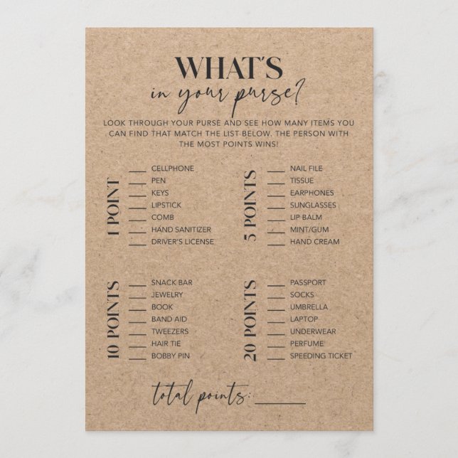 Rustic Kraft Bridal Shower Whats In Your Purse (Front)