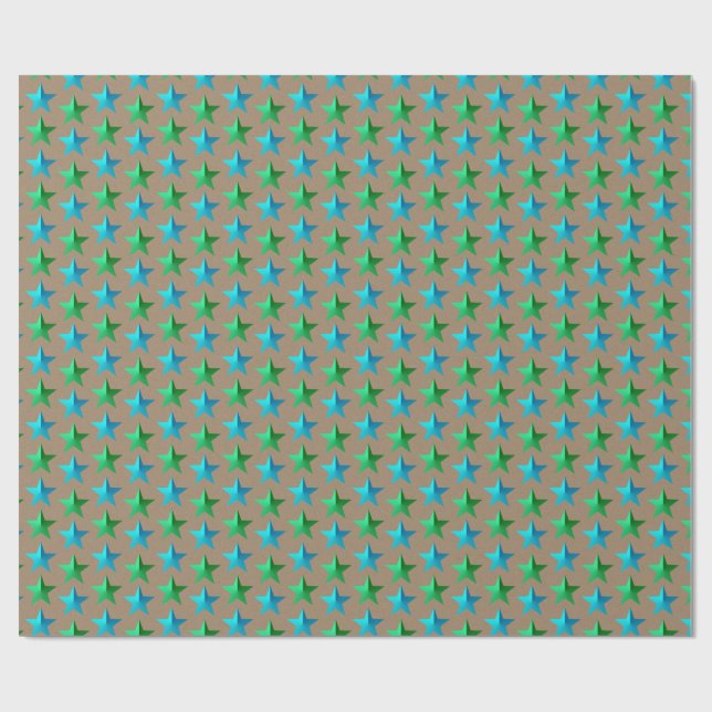 Rustic Kraft Bright Green Blue Stars  Wrapping Paper (Flat)