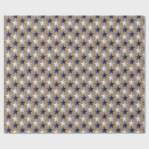 Rustic Kraft Bright Navy Blue Silver Stars Wrapping Paper