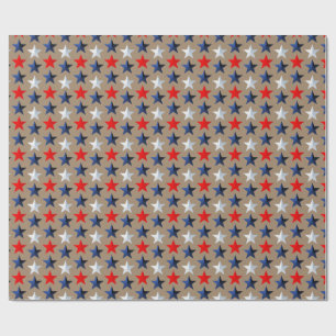 Rustic Kraft Bright Red White & Blue Stars Wrapping Paper