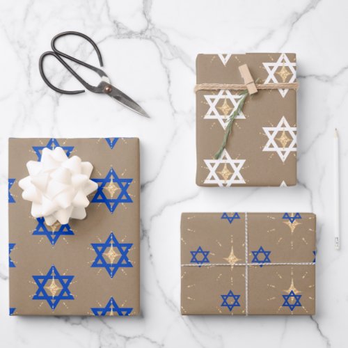 Rustic Kraft Bright Shining Star of David Hannukah Wrapping Paper Sheets