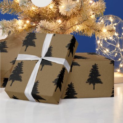 Rustic Kraft Brown Black Christmas Tree Pattern Wrapping Paper