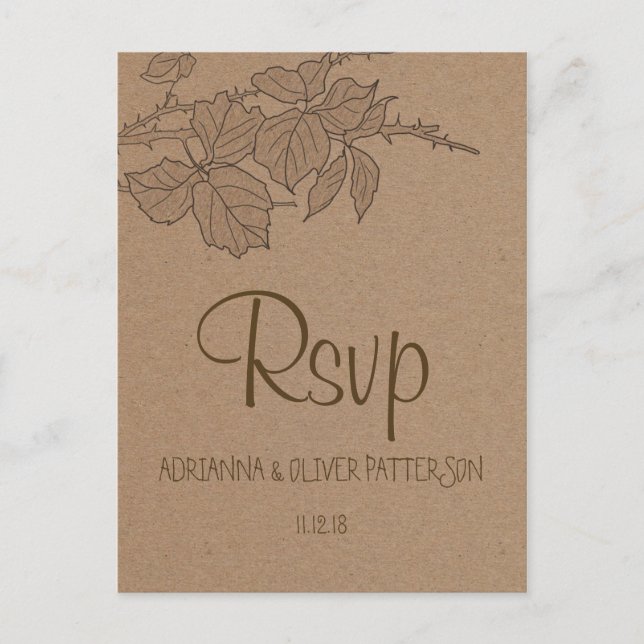 Rustic Kraft Brown Paper Leaves Wedding RSVP Invitation Postcard (Front)