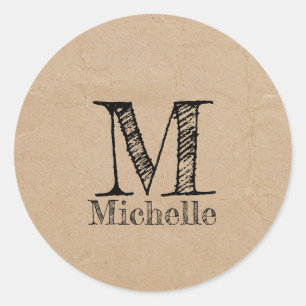 Rustic Kraft Brown Paper Look Monogram Classic Round Sticker