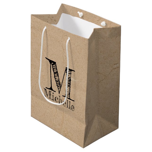 Rustic Kraft Brown Paper Look Monogram Medium Gift Bag (Front Angled)
