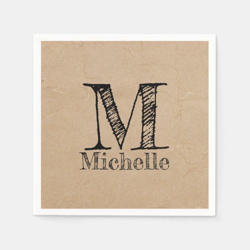 Rustic Kraft Brown Paper Look Monogram Napkins