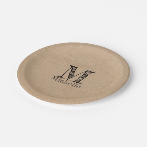 Rustic Kraft Brown Paper Look Monogram  Paper Plates