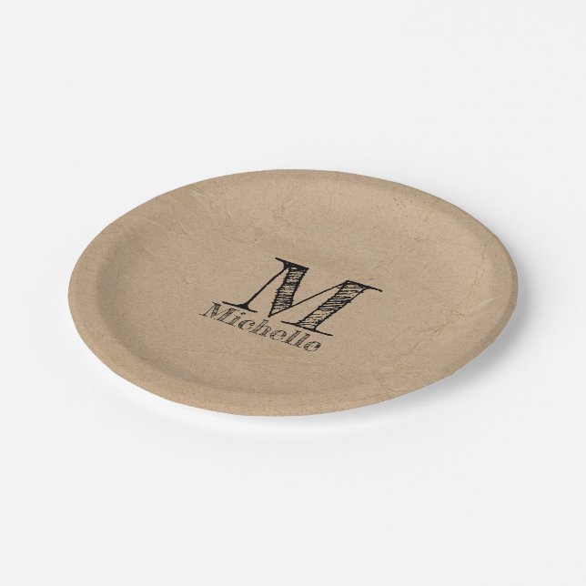 Rustic Kraft Brown Paper Look Monogram  Paper Plates (Angled)