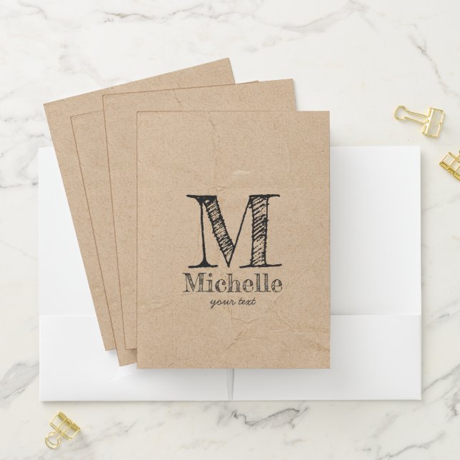 Rustic Kraft Brown Paper Look Monogram Pocket Folder (In Situ)