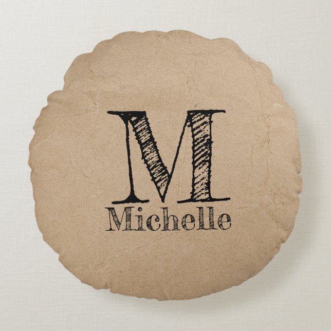 Rustic Kraft Brown Paper Look Monogram Round Pillow (Front)