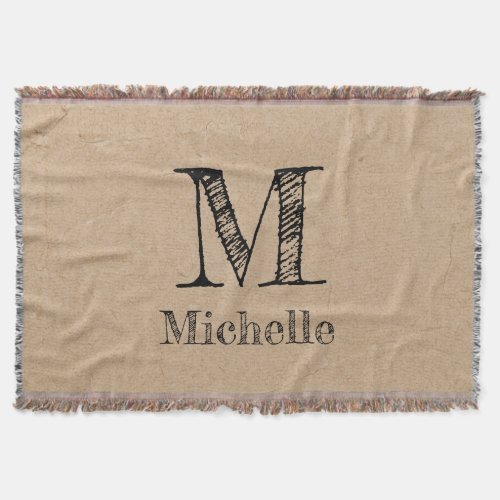 Rustic Kraft Brown Paper Look Monogram Throw Blanket