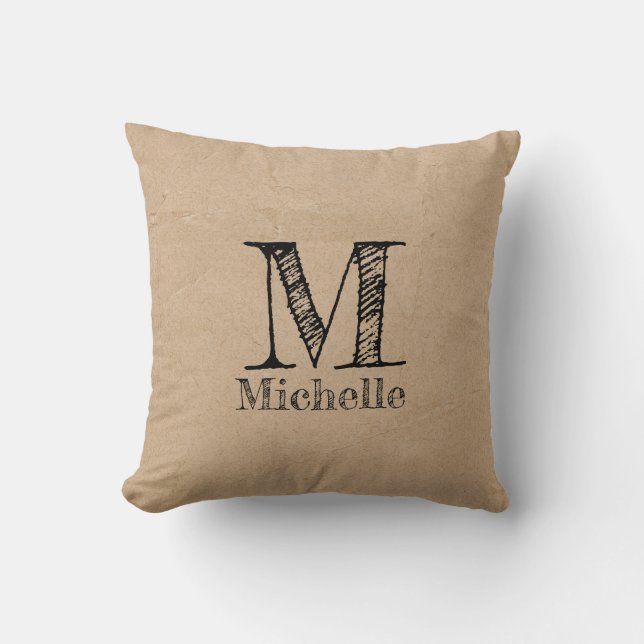 Rustic Kraft Brown Paper Look Monogram Throw Pillow (Front)