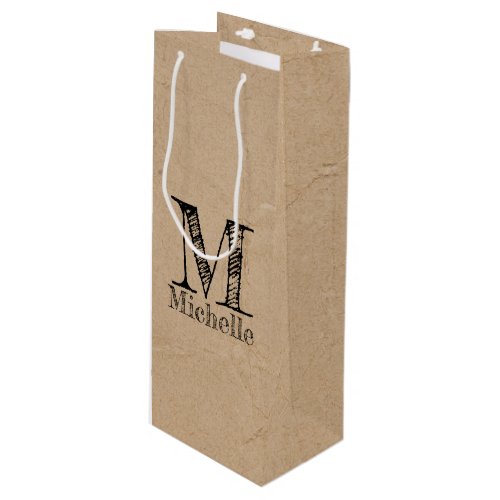 Rustic Kraft Brown Paper Look Monogram Wine Gift Bag