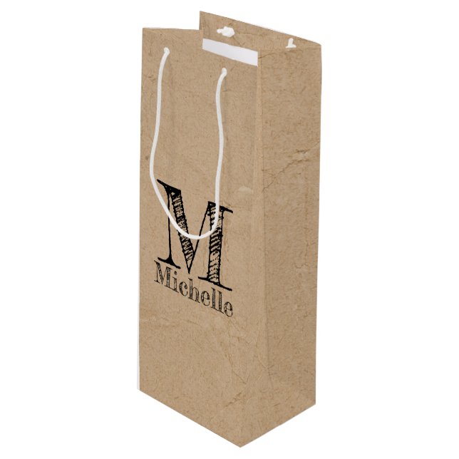 Rustic Kraft Brown Paper Look Monogram Wine Gift Bag (Front Angled)